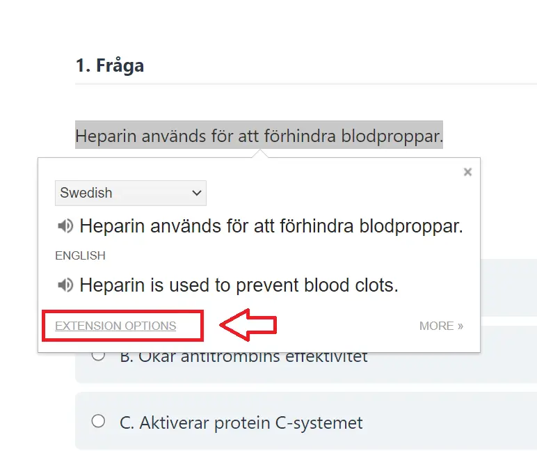 Click on extension options